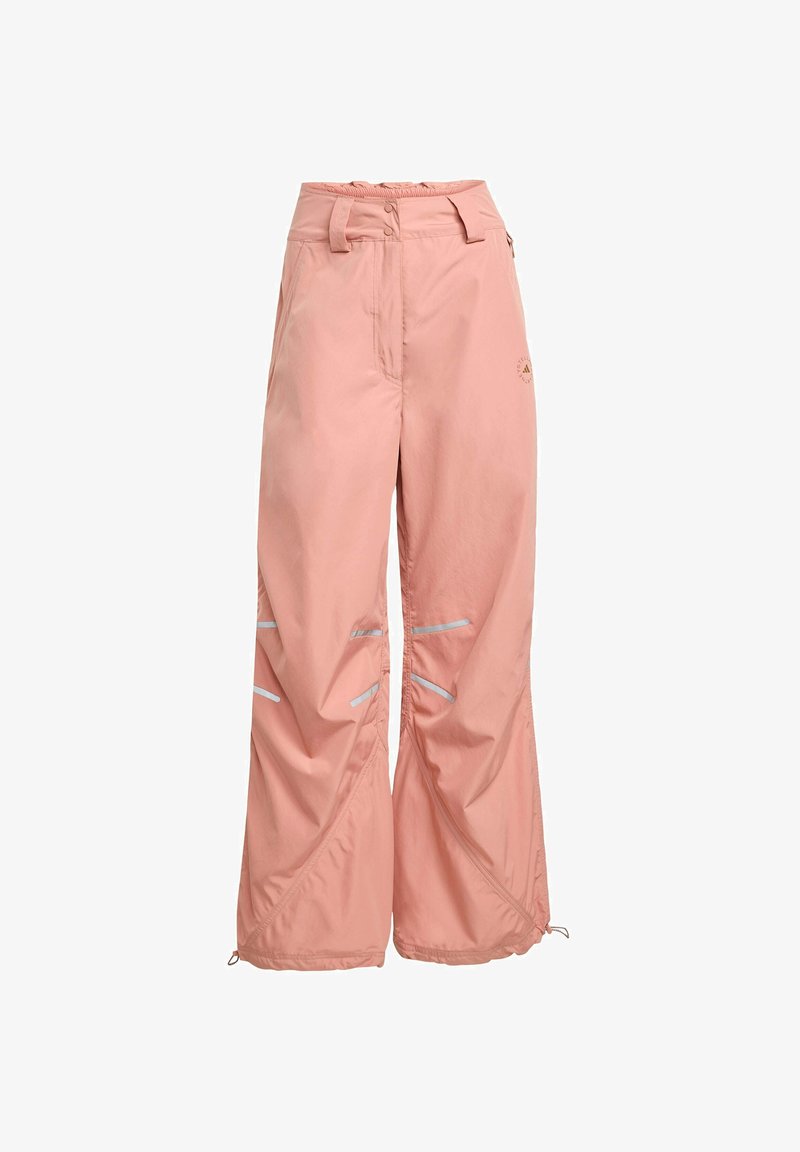 Rosa Outdoor-Hosen mit weitem Bein, reflektierenden Streifen an den Knien, verstellbarem Bund und Reißverschlusstasche auf der rechten Seite.
