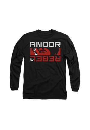 Black long-sleeve shirt featuring a graphic design with the words "ANDOR" and "REBELS" in silver and red, with a stylized face illustration.