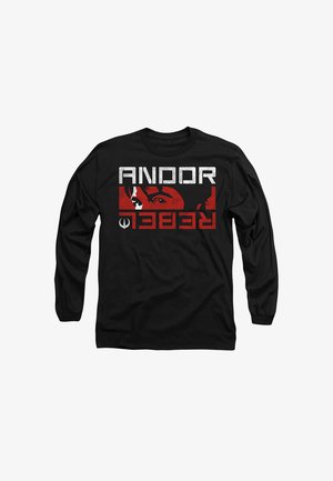 Black long-sleeve shirt featuring a graphic design with the words "ANDOR" and "REBELS" in silver and red, with a stylized face illustration.