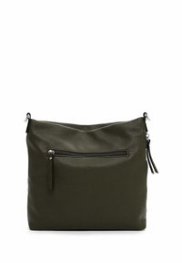Olivgrüne Ledertasche mit strukturierter Oberfläche. Verfügt über eine vordere Reißverschlusstasche und zwei Silberfarbene Hardware-Akzente an der Oberseite.