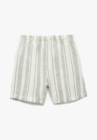 Korte beige shorts med lodrette grå striber og en elastisk talje, lagt fladt på en hvid baggrund.