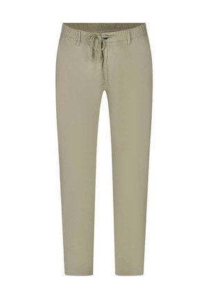 Hellbeige Freizeithosen mit Kordelzugbund und Gürtelschlaufen, flach auf weißem Hintergrund dargestellt.