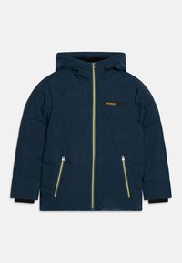Giacca imbottita blu navy con cappuccio, caratterizzata da accenti della cerniera gialla e blu, due tasche laterali con zip e una toppa con logo sul petto.