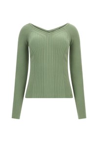 Grüner gerippter Strickpullover mit langen Ärmeln, V-Ausschnitt und subtilen Texturakzenten. Verfügt über ein kleines Logo-Detail am Saum.