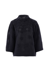 Dunkelblauer, gestrickter Pullover mit hohem Kragen, der mit Blumenstickerei verziert ist und eine lockere Passform hat. Das Design umfasst drei Viertel lange Ärmel und einen gerippten Saum.