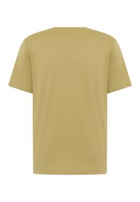 Plain light brown short-sleeve T-shirt shown from the back with a round neckline and simple stitching details.