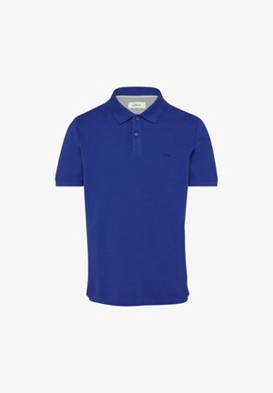 Blaues Poloshirt aus Baumwolle, mit durchgehender Knopfleiste, kurzen Ärmeln und einem kleinen gestickten Logo auf der linken Brust.