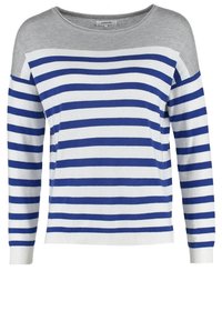 Pull femme à manches longues avec des rayures horizontales bleues et blanches et un empiècement et un col gris clair uni.