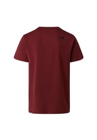 Maronenfarbenes T-Shirt mit kurzen Ärmeln, das die Rückseite zeigt, mit kleinem schwarzen The North Face-Logo nahe der rechten Schulter.