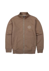 Veste marron zippée avec col montant, deux poches avant et petit motif floral brodé en blanc sur la poitrine gauche.