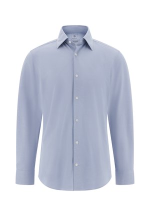 Světle modrá košile na knoflíky vyrobená z hladké látky, s klasickým límcem, dlouhými rukávy a jemným texturovaným vzorem.