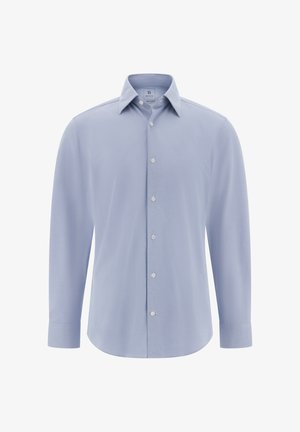 Světle modrá košile na knoflíky vyrobená z hladké látky, s klasickým límcem, dlouhými rukávy a jemným texturovaným vzorem.