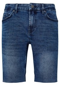 Pantalones cortos de mezclilla en azul oscuro. Cuenta con cinco bolsillos, un cierre de botón y dobladillos deshilachados. Textura suave con un acabado ligeramente desgastado.