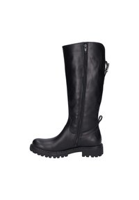 Bota de cuero negra hasta la rodilla con cremallera lateral, parte superior texturizada, suela de goma y lengüeta en la parte trasera. Diseño robusto para durabilidad y comodidad.