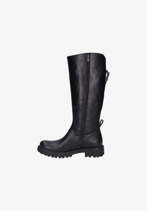 Černá kožená bota do půli lýtek se zipem na boku, texturovaným svrškem, gumovou podrážkou a úchytem na zadní straně. Robustní design pro odolnost a pohodlí.