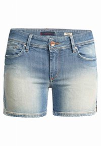 Shorts en denim bleu avec devant délavé, bouton à l'avant, passants pour ceinture et poches avant, étiquetés "Push Up Wonder" et "Salsa".