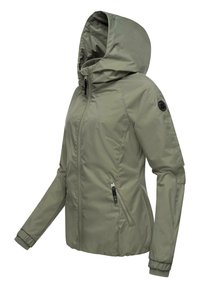 Alyvuogių žalia zip-up striukė su kapišonu, pasižyminti lygiu paviršiumi, elastingais rankogaliais, dviem užtrauktukais užsegamais šonais ir apvalia logotipo etikete.