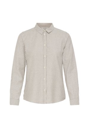 Langærmet skjorte med knapper og smalle lodrette beige og hvide striber og en lille krave på en hvid baggrund.