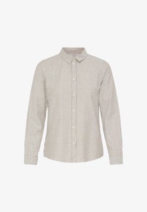 Chemise à manches longues boutonnée avec des fines rayures verticales beiges et blanches et un petit col sur fond blanc.