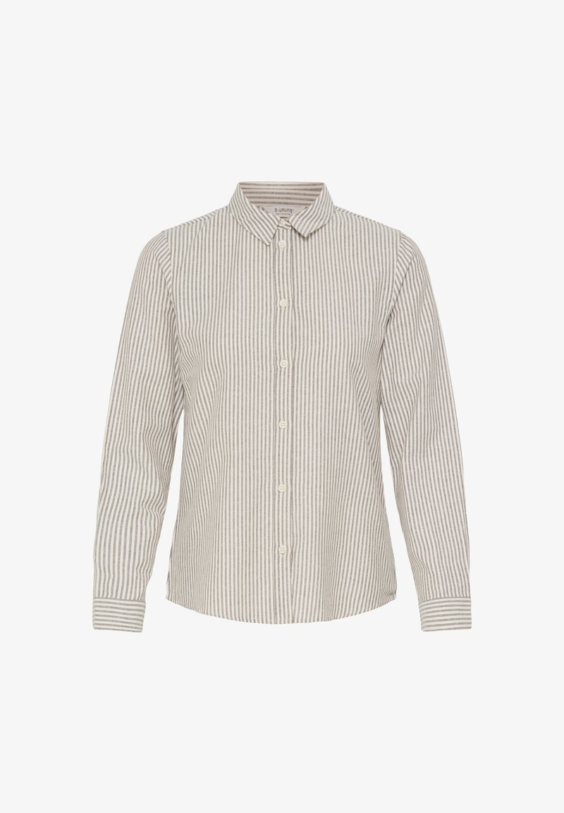 Chemise à manches longues boutonnée avec des fines rayures verticales beiges et blanches et un petit col sur fond blanc.