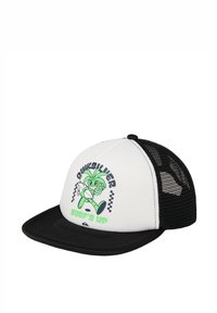 Zwart-witte trucker cap met een mesh achterzijde, featuring een cartoonfiguur en "Surf's Up" graphic in groen en zwart. Plat vizier design.