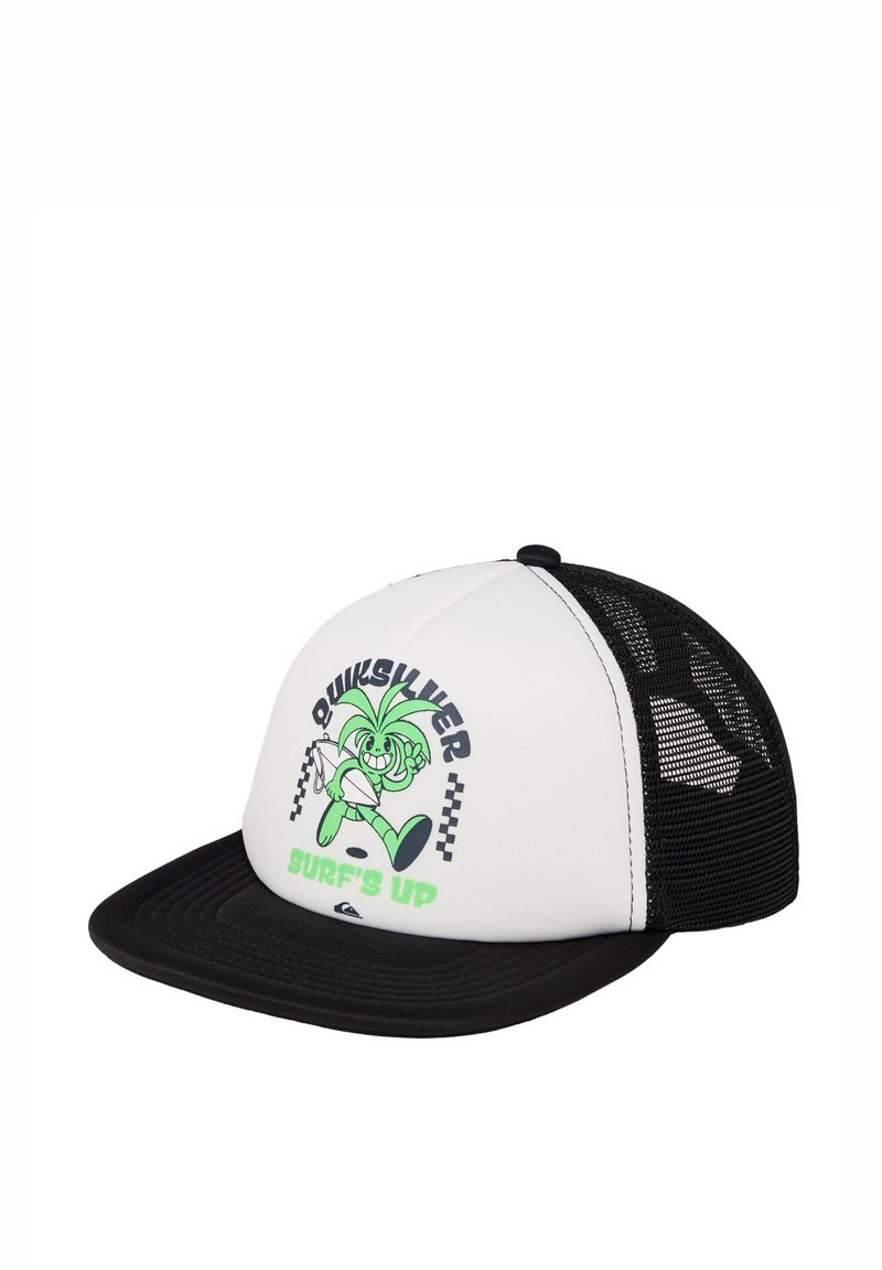 Zwart-witte trucker cap met een mesh achterzijde, featuring een cartoonfiguur en "Surf's Up" graphic in groen en zwart. Plat vizier design.