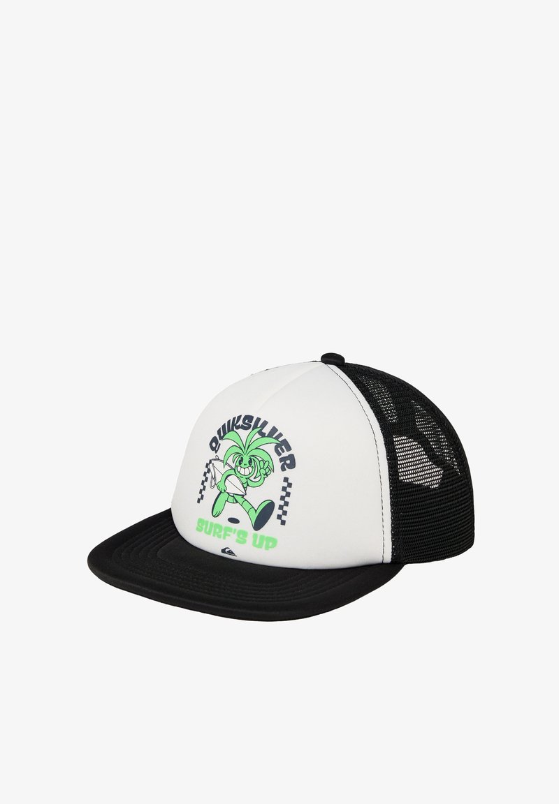 Gorra trucker en blanco y negro con parte trasera de malla, que presenta un personaje de dibujos animados y un gráfico de "Surf's Up" en verde y negro. Diseño de visera plana.