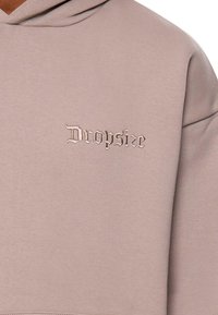 Lichtroze hoodie gemaakt van zachte stof. Bevat een geborduurd logo "Dropsize" op de borst in een contrasterende kleur.