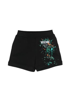 Shorts neri con un design aderente, caratterizzati da una grafica multicolore a macchie di vernice e la scritta "Moschino Couture!" sul fronte. Materiale morbido.