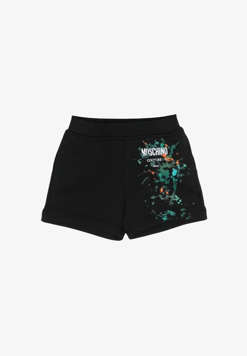 Shorts neri con un design aderente, caratterizzati da una grafica multicolore a macchie di vernice e la scritta "Moschino Couture!" sul fronte. Materiale morbido.