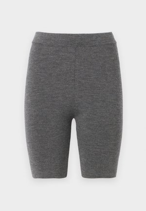 Shorts de cyclisme en maille grise avec un design ajusté et une texture lisse, dotés d'une taille haute et d'une longueur mi-cuisse.