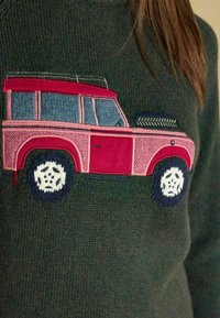 Roheline kudumipusa, millel on kaasahaarav tikand, mis kujutab küljelt vaadet roosale ja sinisele maasturile valgete ratastega.