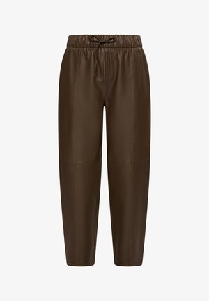 Bruine leren broeken met een elastische tailleband, koordsluiting en zijnaaddetails, met een recht gesneden ontwerp.