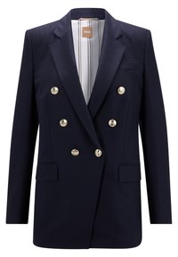 Blazer bleu marine croisé avec des boutons dorés, doté de deux poches avant et d'une doublure rayée. Fabriqué en tissu lisse.