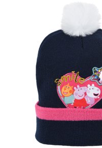Berretto di lana blu navy con risvolto rosa, caratterizzato da un pompon sulla parte superiore e da un grafico ricamato con la scritta "smile" insieme a personaggi dei cartoni animati e dettagli decorativi.