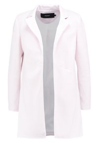 Light pink blazer with a textured fabric, notched lapels, open front, and long sleeves. Features seam detailing and a smooth inner lining.