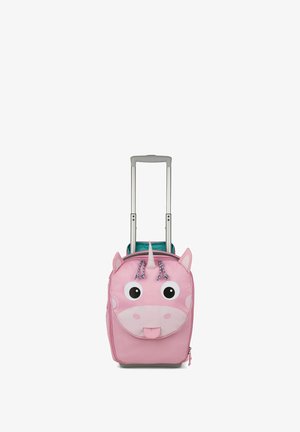 Pink unicorn-themed suitcase with a large face design, a pointed horn, and black and white eyes. Features a telescopic handle and wheels.
