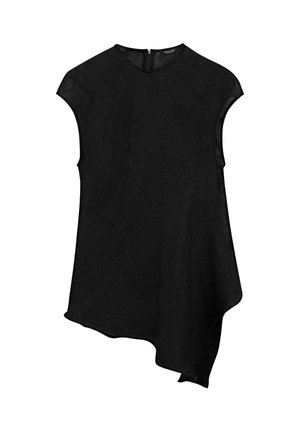 Haut noir sans manches avec col rond et ourlet asymétrique, fermeture éclair dans le dos, fabriqué en tissu texturé.