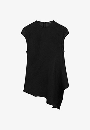 Haut noir sans manches avec col rond et ourlet asymétrique, fermeture éclair dans le dos, fabriqué en tissu texturé.