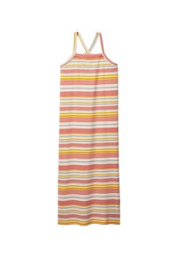 Robe maxi rayée présentant des lignes horizontales rouges, jaunes et blanches. Fabriquée en tissu léger avec des bretelles spaghetti et une silhouette droite.