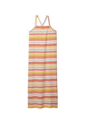Robe maxi rayée présentant des lignes horizontales rouges, jaunes et blanches. Fabriquée en tissu léger avec des bretelles spaghetti et une silhouette droite.