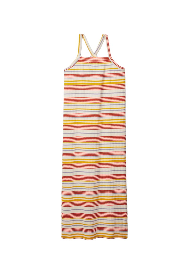 Robe maxi rayée présentant des lignes horizontales rouges, jaunes et blanches. Fabriquée en tissu léger avec des bretelles spaghetti et une silhouette droite.