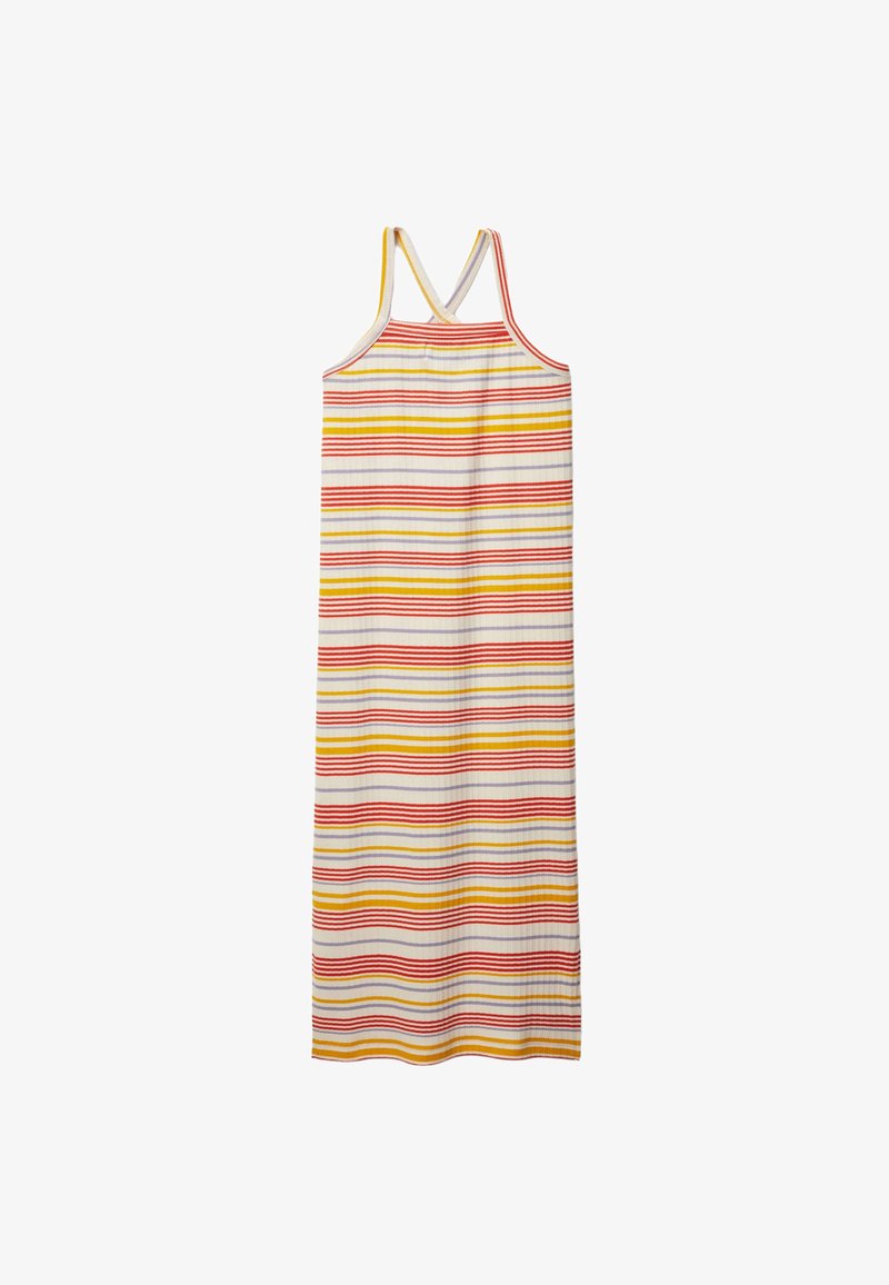Robe maxi rayée présentant des lignes horizontales rouges, jaunes et blanches. Fabriquée en tissu léger avec des bretelles spaghetti et une silhouette droite.