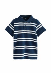 Polo shirt bleu marine en tissu tricoté avec des rayures horizontales blanches, à manches courtes et avec une patte de boutonnage à deux boutons.