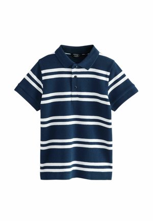 Polo shirt blu navy realizzato in tessuto a maglia con strisce orizzontali bianche, maniche corte e chiusura a due bottoni.