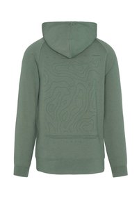 Grüne Kapuzenjacke mit einem strukturierten, tonal geprägten topografischen Muster auf dem Rücken. Sie hat eine verstellbare Kapuze und gerippte Bündchen. Weicher Stoff.