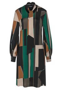Robe à manches longues avec un motif géométrique coloré comprenant du vert, du marron, du beige et du noir. Tissu doux avec un détail de lien au cou et des manches froncées.
