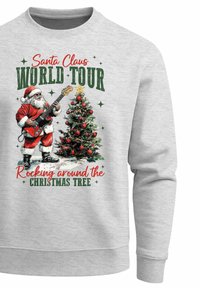Grauer Sweatshirt mit einem Aufdruck, der einen Gitarre spielenden Weihnachtsmann neben einem geschmückten Weihnachtsbaum zeigt, darüber der Text "Santa Claus WORLD TOUR".