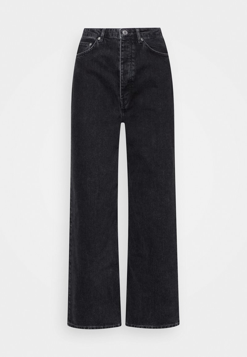Black wide-leg jeans made from denim, featuring a high waist, five-pocket design, and a zip fly with button closure.