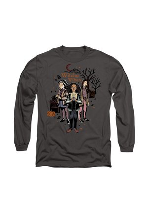Gray long-sleeve shirt featuring a graphic of three witches. Text reads "Witchy Vibes," with autumnal details like pumpkins and trees.